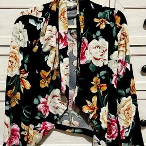 Doublju Women's Floral Blazer - Black with Pink and Yellow Flowers